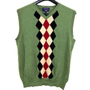 Alan Flusser Golf Sweater Vest Mens XL Green Argyle Isles V- Neck Cotton Grandpa
